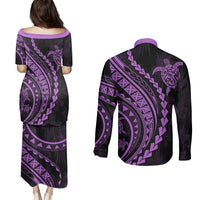 Polynesian Pride Couples Matching Puletasi Dress and Long Sleeve Button Shirts Turtle Hibiscus Luxury Style - Lilac LT7 - Polynesian Pride