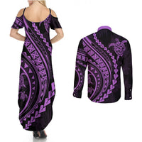 Polynesian Pride Couples Matching Summer Maxi Dress and Long Sleeve Button Shirts Turtle Hibiscus Luxury Style - Lilac LT7 - Polynesian Pride