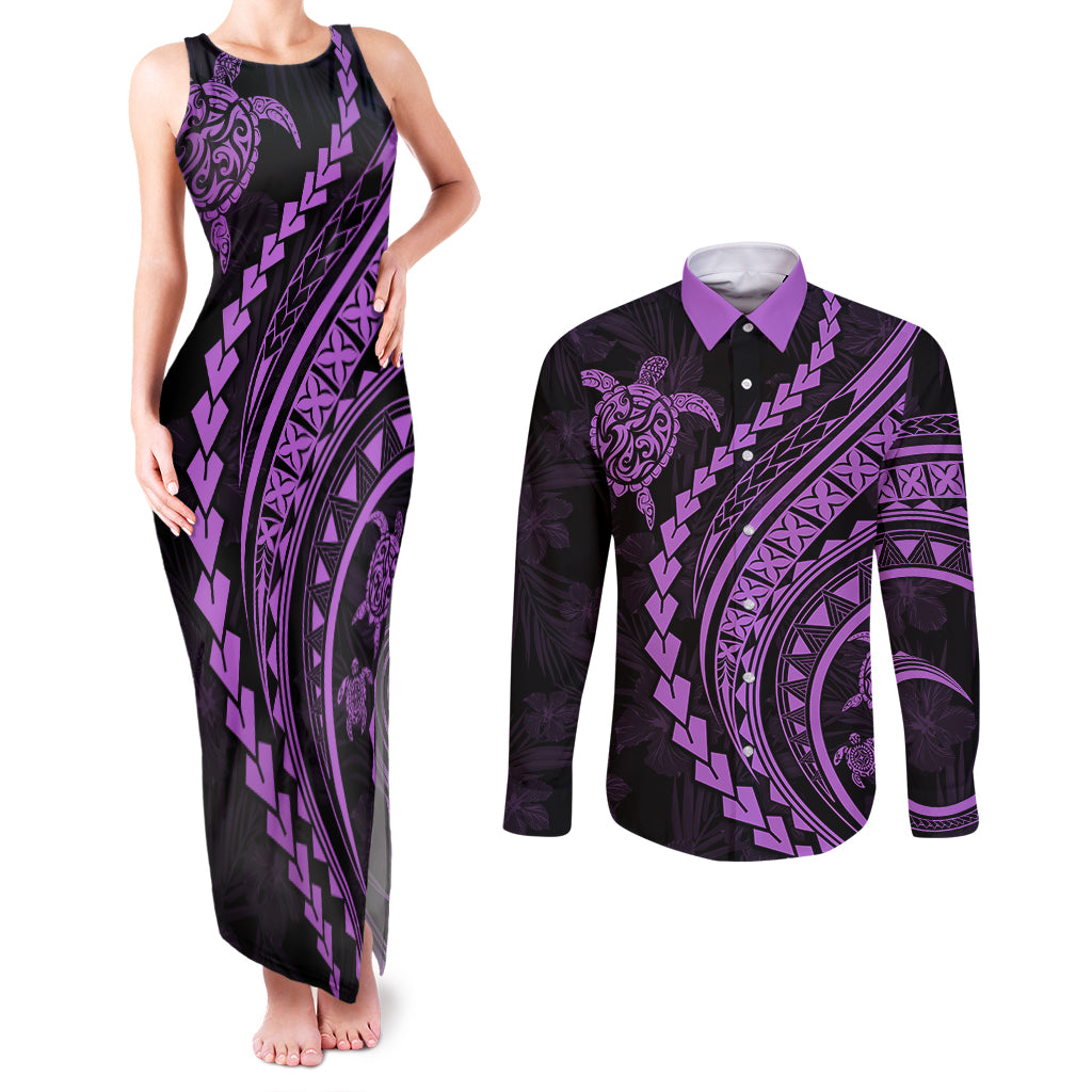Polynesian Pride Couples Matching Tank Maxi Dress and Long Sleeve Button Shirts Turtle Hibiscus Luxury Style - Lilac LT7 Lilac - Polynesian Pride
