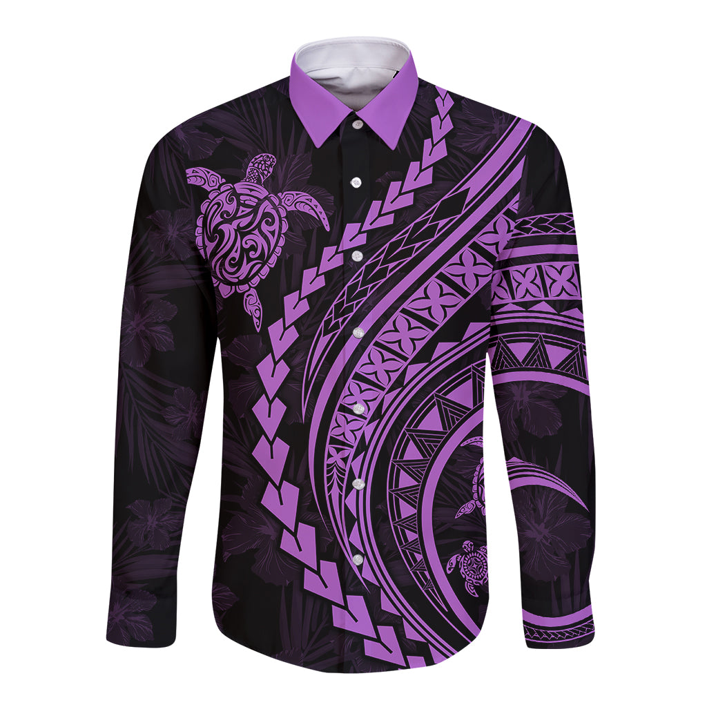 Polynesian Pride Long Sleeve Button Shirt Turtle Hibiscus Luxury Style - Lilac LT7 Unisex Lilac - Polynesian Pride