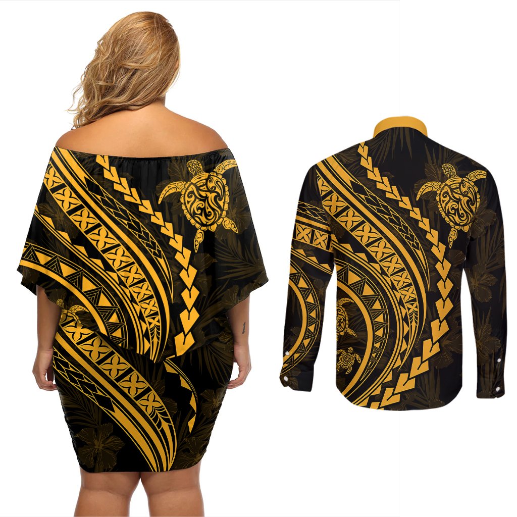 Polynesian Pride Couples Matching Off Shoulder Short Dress and Long Sleeve Button Shirts Turtle Hibiscus Luxury Style - Merigold LT7 - Polynesian Pride