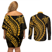 Polynesian Pride Couples Matching Off Shoulder Short Dress and Long Sleeve Button Shirts Turtle Hibiscus Luxury Style - Merigold LT7 - Polynesian Pride