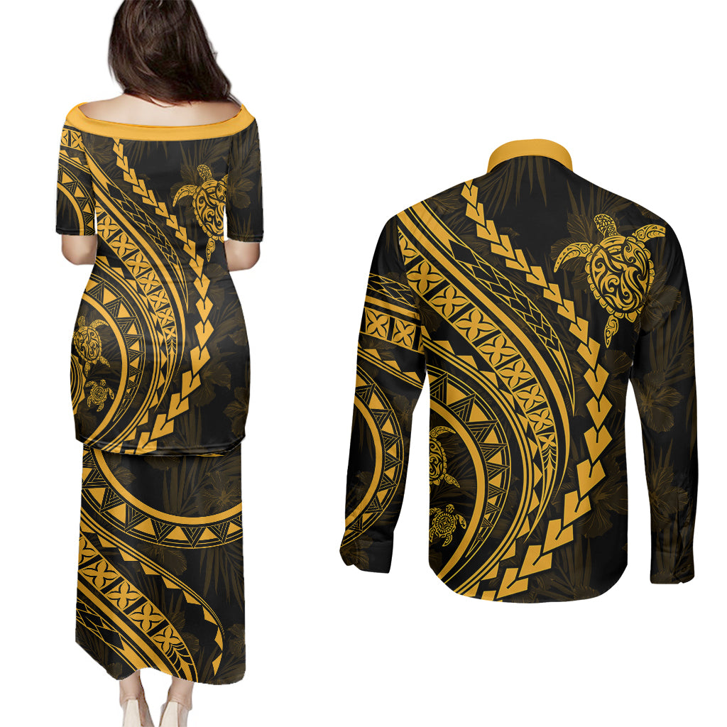 Polynesian Pride Couples Matching Puletasi Dress and Long Sleeve Button Shirts Turtle Hibiscus Luxury Style - Merigold LT7 - Polynesian Pride