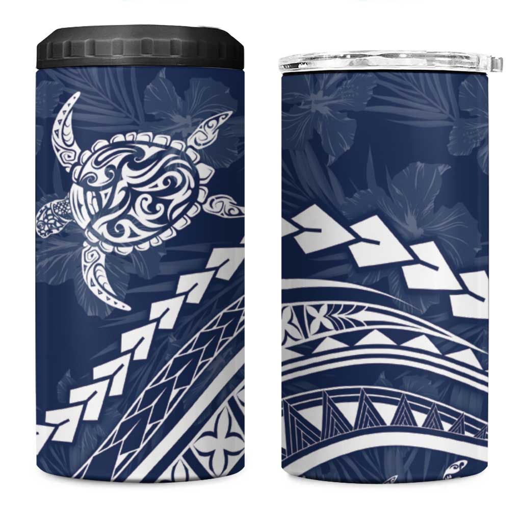 Polynesian Pride 4 in 1 Can Cooler Tumbler Turtle Hibiscus Luxury Style - Navy