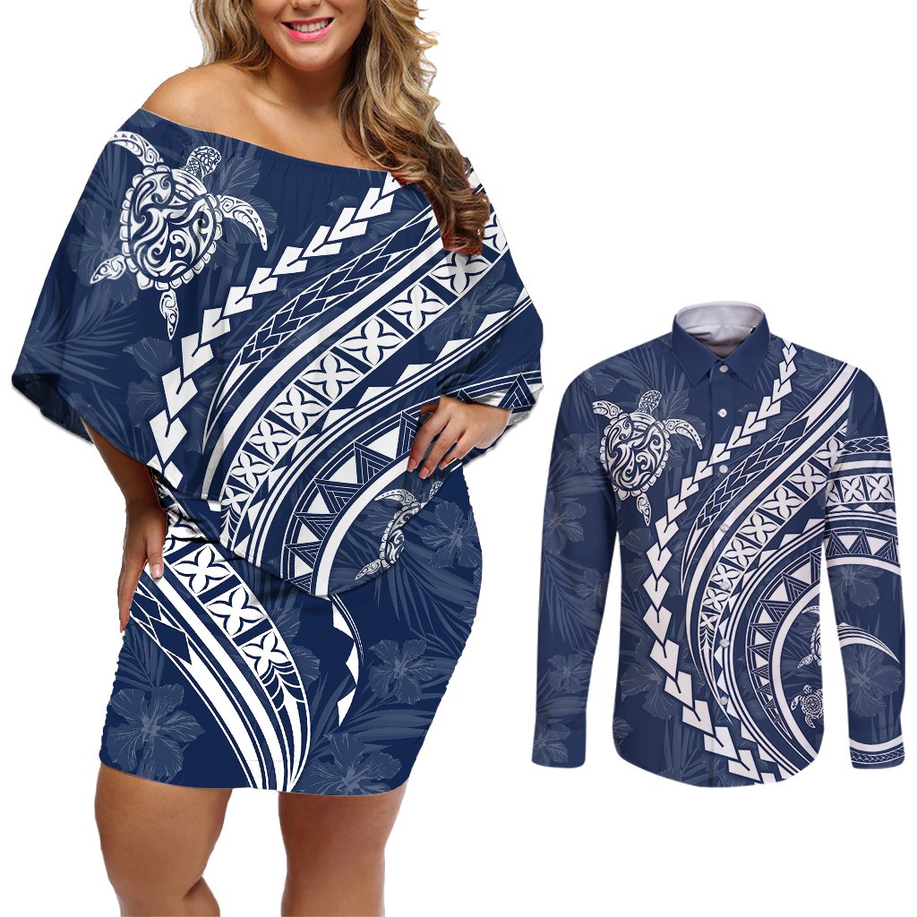 Polynesian Pride Couples Matching Off Shoulder Short Dress and Long Sleeve Button Shirts Turtle Hibiscus Luxury Style - Navy LT7 Navy - Polynesian Pride