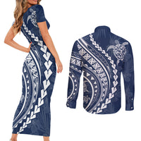 Polynesian Pride Couples Matching Short Sleeve Bodycon Dress and Long Sleeve Button Shirts Turtle Hibiscus Luxury Style - Navy LT7 - Polynesian Pride