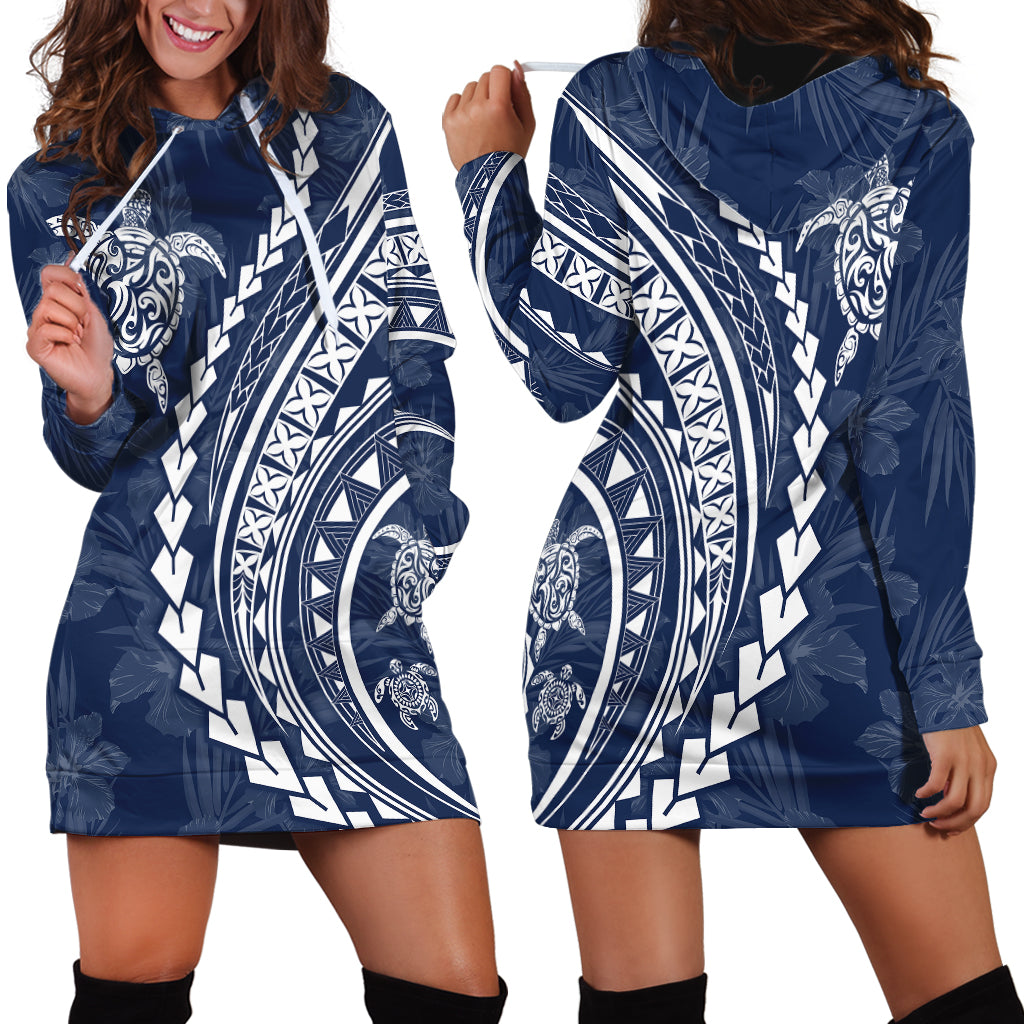 Polynesian Pride Hoodie Dress Turtle Hibiscus Luxury Style - Navy LT7 - Polynesian Pride