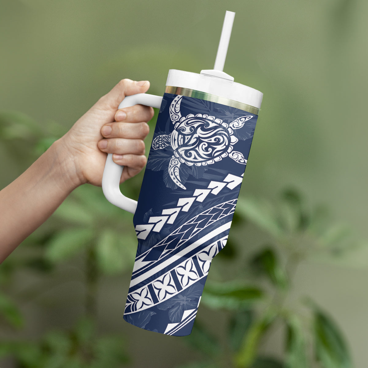 Polynesian Pride Tumbler With Handle Turtle Hibiscus Luxury Style - Navy