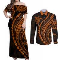 Polynesian Pride Couples Matching Off Shoulder Maxi Dress and Long Sleeve Button Shirts Turtle Hibiscus Luxury Style - Orange LT7 Orange - Polynesian Pride