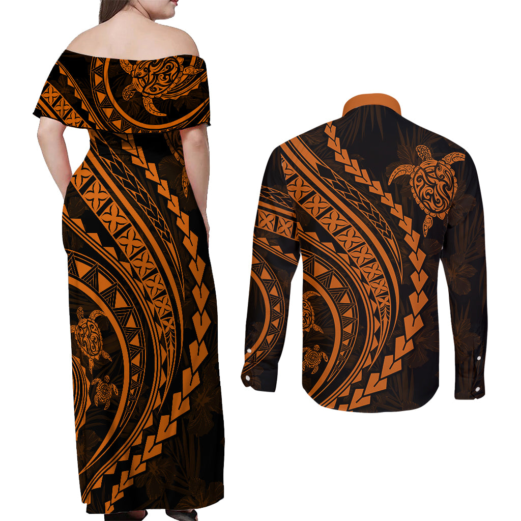 Polynesian Pride Couples Matching Off Shoulder Maxi Dress and Long Sleeve Button Shirts Turtle Hibiscus Luxury Style - Orange LT7 - Polynesian Pride