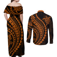 Polynesian Pride Couples Matching Off Shoulder Maxi Dress and Long Sleeve Button Shirts Turtle Hibiscus Luxury Style - Orange LT7 - Polynesian Pride