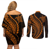 Polynesian Pride Couples Matching Off Shoulder Short Dress and Long Sleeve Button Shirts Turtle Hibiscus Luxury Style - Orange LT7 - Polynesian Pride