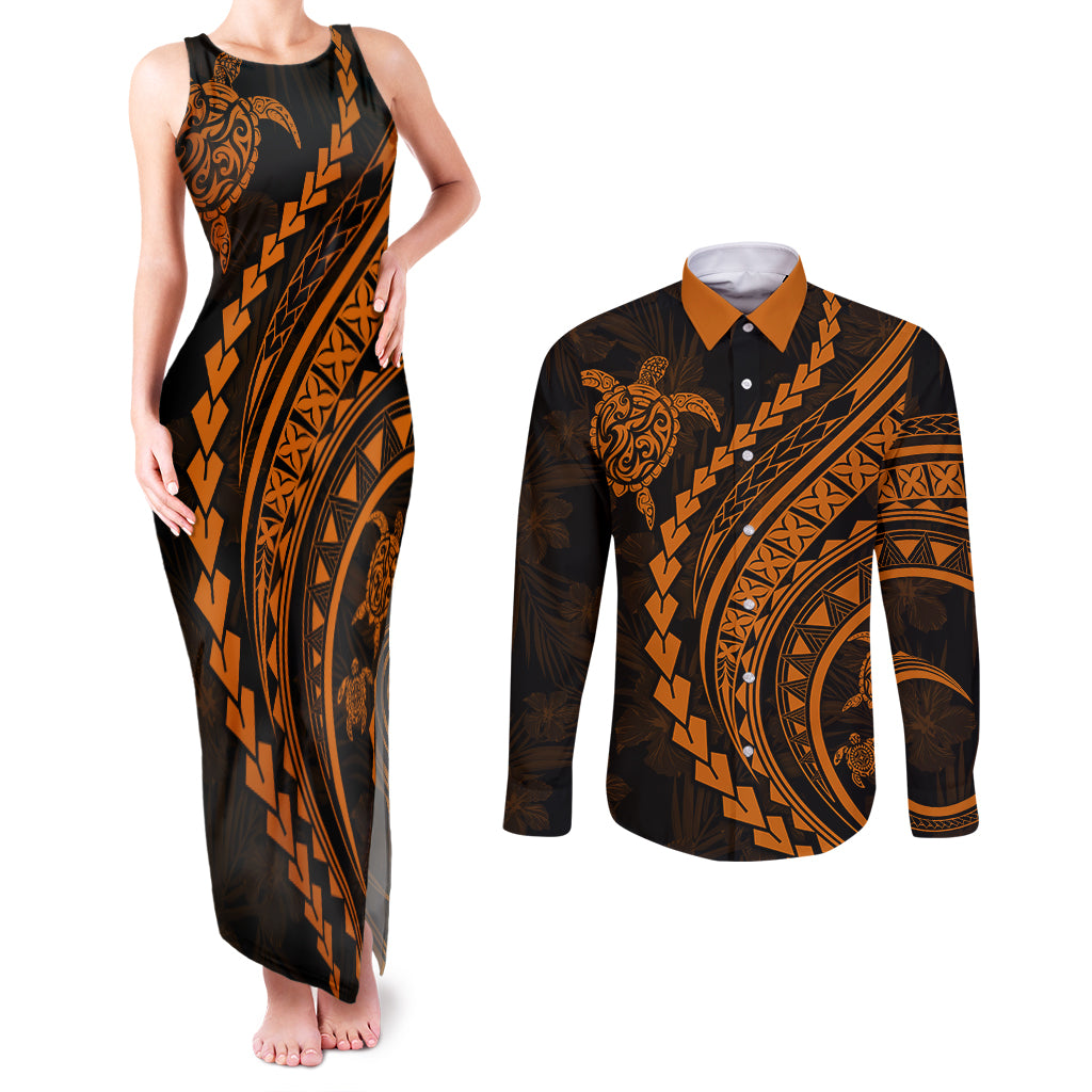 Polynesian Pride Couples Matching Tank Maxi Dress and Long Sleeve Button Shirts Turtle Hibiscus Luxury Style - Orange LT7 Orange - Polynesian Pride
