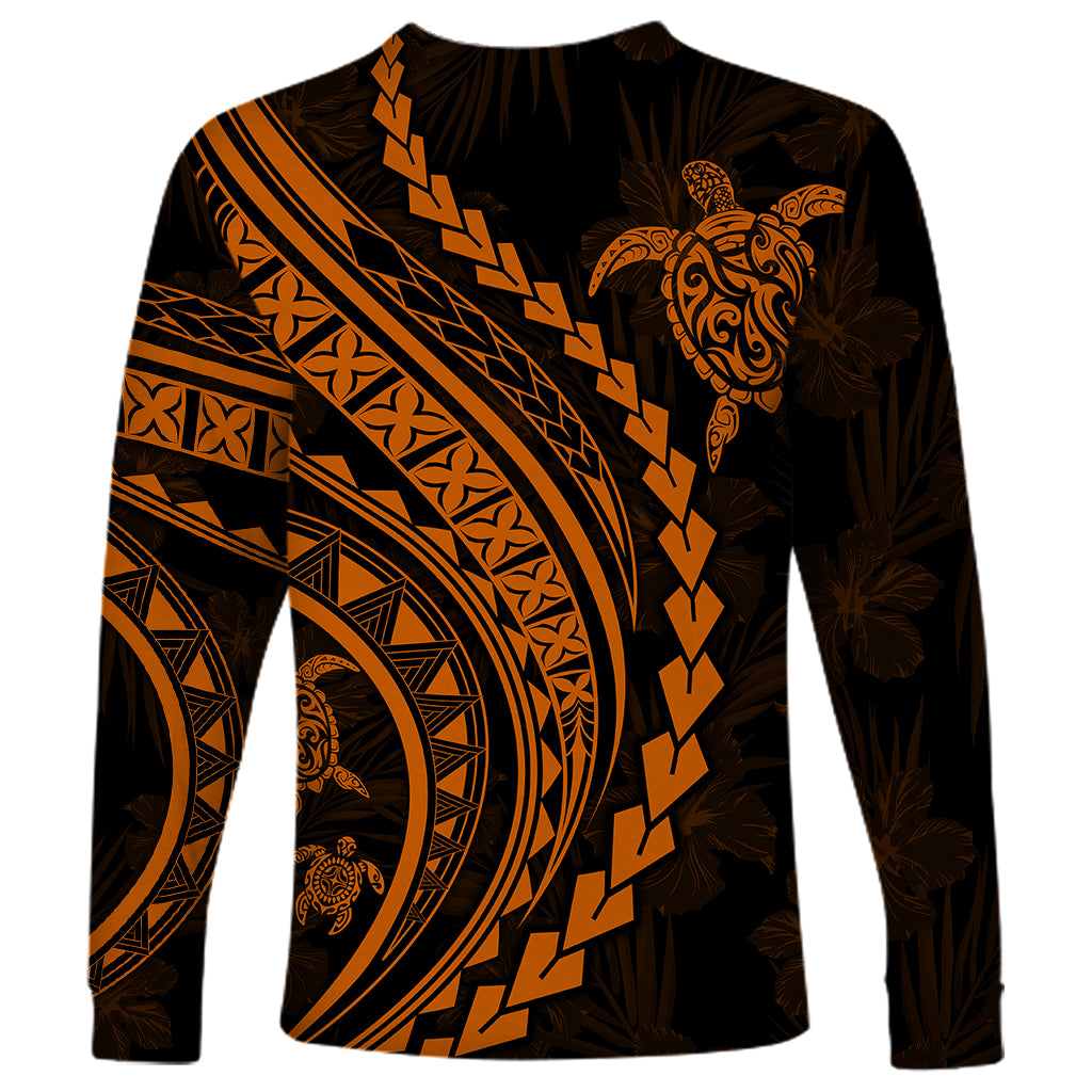 Polynesian Pride Long Sleeve Shirt Turtle Hibiscus Luxury Style - Orange LT7 - Polynesian Pride