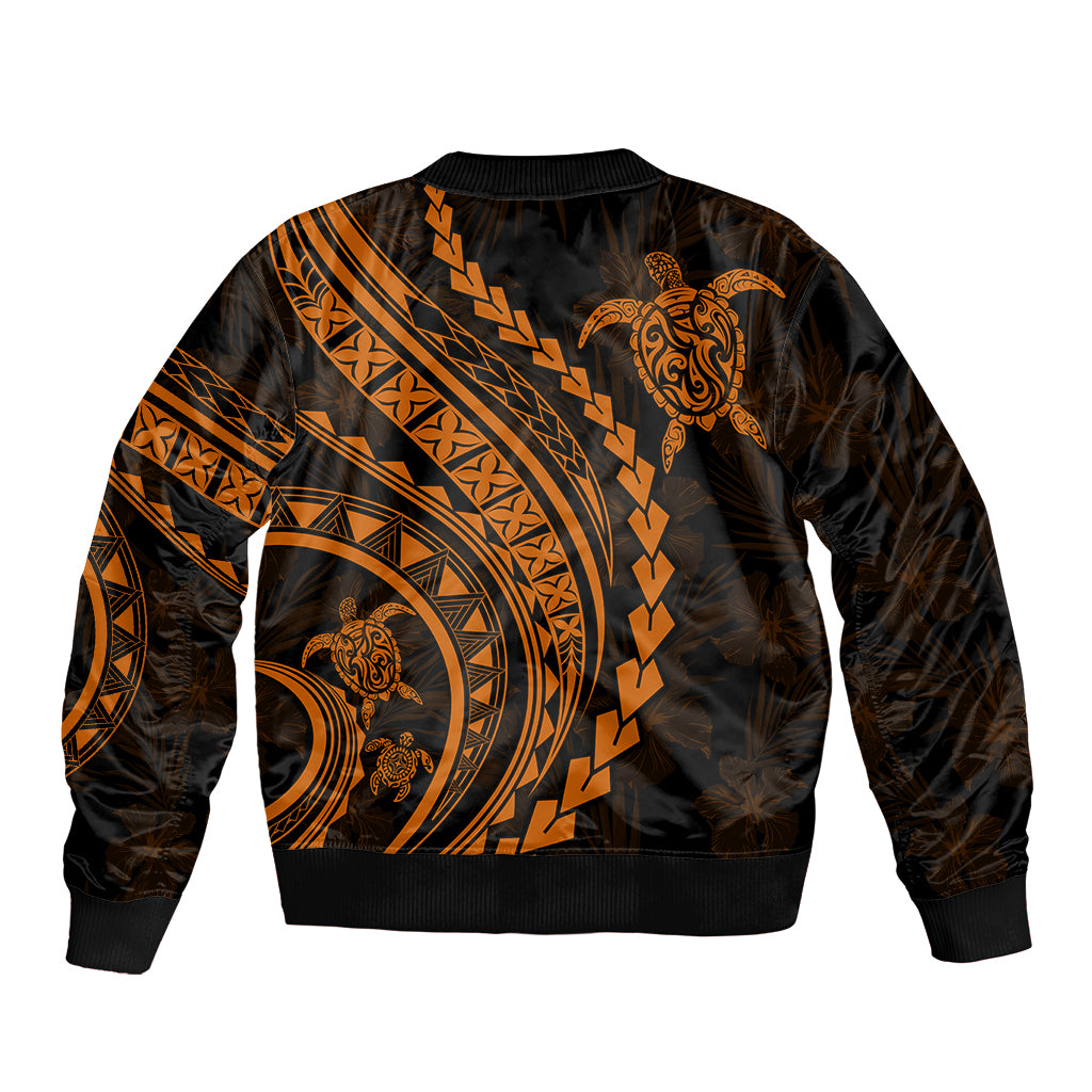 Polynesian Pride Sleeve Zip Bomber Jacket Turtle Hibiscus Luxury Style - Orange LT7 - Polynesian Pride
