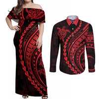 Polynesian Pride Couples Matching Off Shoulder Maxi Dress and Long Sleeve Button Shirts Turtle Hibiscus Luxury Style - Rose LT7 Rose - Polynesian Pride