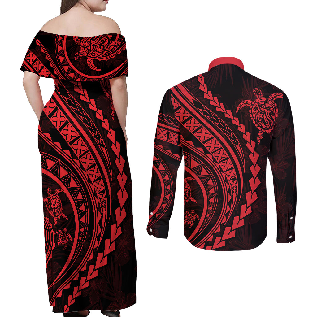 Polynesian Pride Couples Matching Off Shoulder Maxi Dress and Long Sleeve Button Shirts Turtle Hibiscus Luxury Style - Rose LT7 - Polynesian Pride