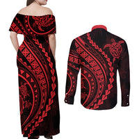 Polynesian Pride Couples Matching Off Shoulder Maxi Dress and Long Sleeve Button Shirts Turtle Hibiscus Luxury Style - Rose LT7 - Polynesian Pride