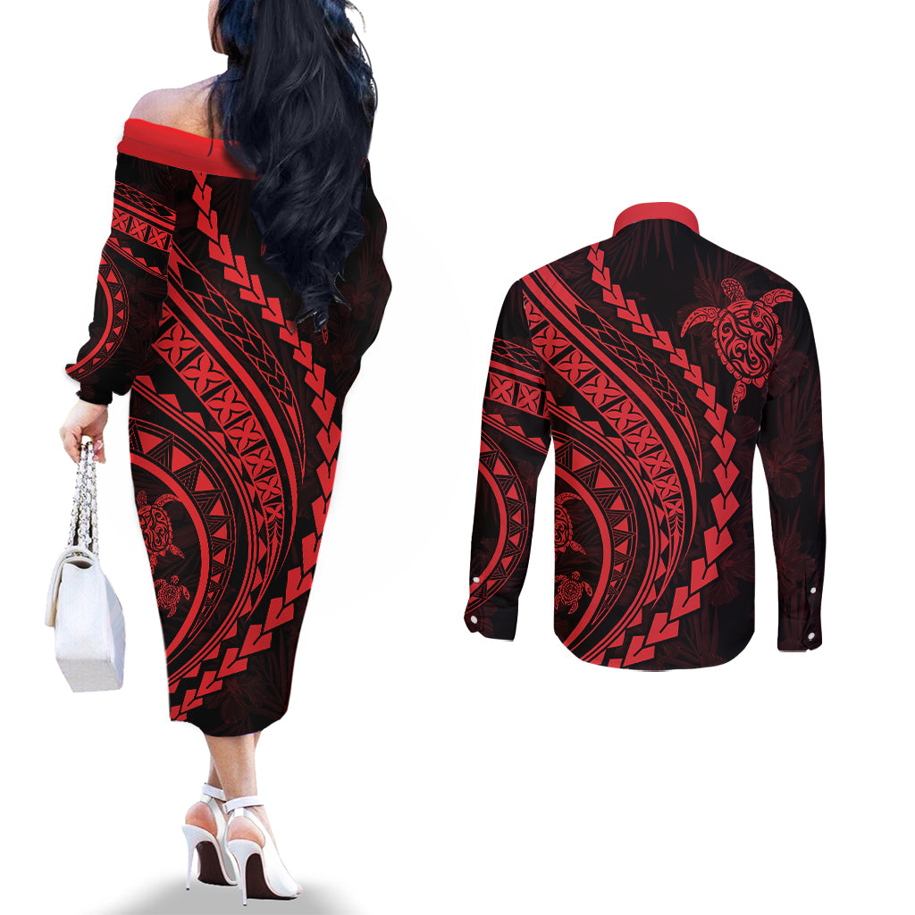 Polynesian Pride Couples Matching Off The Shoulder Long Sleeve Dress and Long Sleeve Button Shirts Turtle Hibiscus Luxury Style - Rose LT7 - Polynesian Pride