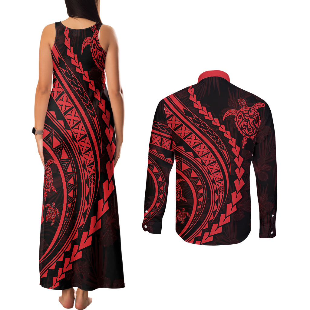 Polynesian Pride Couples Matching Tank Maxi Dress and Long Sleeve Button Shirts Turtle Hibiscus Luxury Style - Rose LT7 - Polynesian Pride