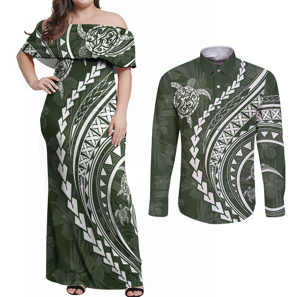 Polynesian Pride Couples Matching Off Shoulder Maxi Dress and Long Sleeve Button Shirts Turtle Hibiscus Luxury Style - Sage LT7 Sage - Polynesian Pride