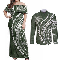 Polynesian Pride Couples Matching Off Shoulder Maxi Dress and Long Sleeve Button Shirts Turtle Hibiscus Luxury Style - Sage LT7 Sage - Polynesian Pride