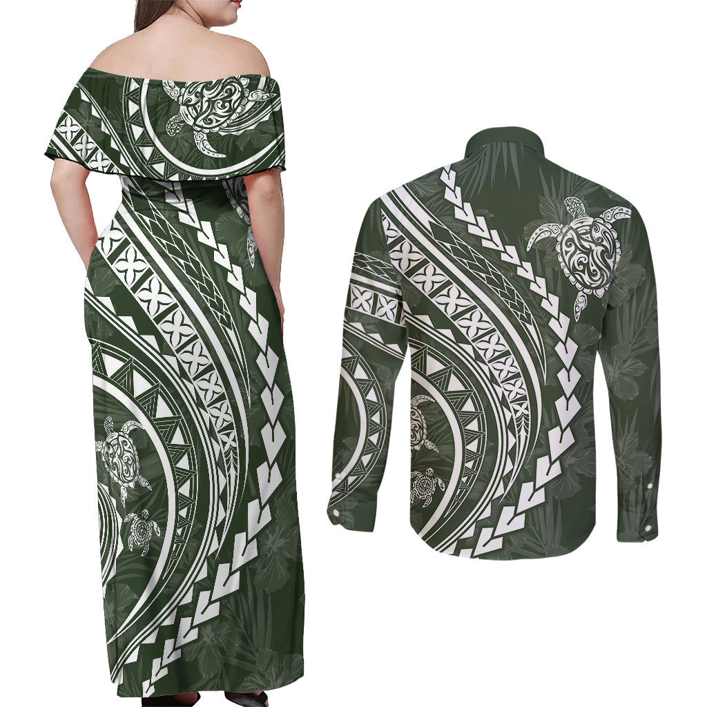 Polynesian Pride Couples Matching Off Shoulder Maxi Dress and Long Sleeve Button Shirts Turtle Hibiscus Luxury Style - Sage LT7 - Polynesian Pride