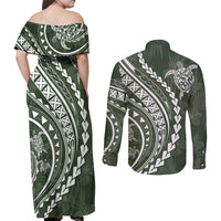 Polynesian Pride Couples Matching Off Shoulder Maxi Dress and Long Sleeve Button Shirts Turtle Hibiscus Luxury Style - Sage LT7 - Polynesian Pride