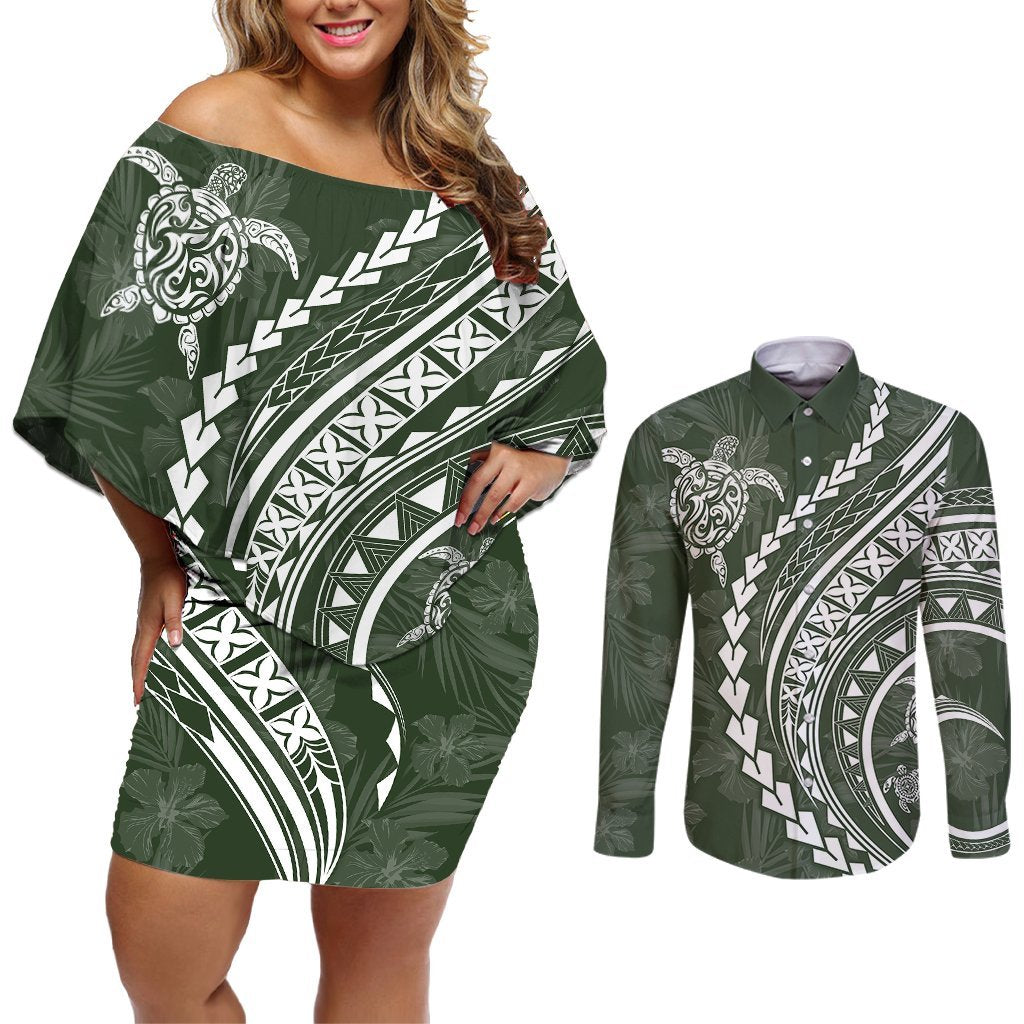 Polynesian Pride Couples Matching Off Shoulder Short Dress and Long Sleeve Button Shirts Turtle Hibiscus Luxury Style - Sage LT7 Sage - Polynesian Pride
