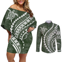 Polynesian Pride Couples Matching Off Shoulder Short Dress and Long Sleeve Button Shirts Turtle Hibiscus Luxury Style - Sage LT7 Sage - Polynesian Pride