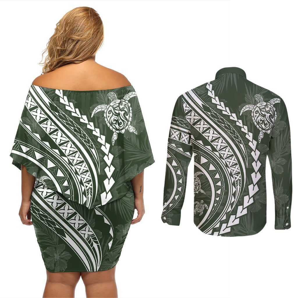 Polynesian Pride Couples Matching Off Shoulder Short Dress and Long Sleeve Button Shirts Turtle Hibiscus Luxury Style - Sage LT7 - Polynesian Pride
