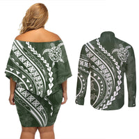 Polynesian Pride Couples Matching Off Shoulder Short Dress and Long Sleeve Button Shirts Turtle Hibiscus Luxury Style - Sage LT7 - Polynesian Pride