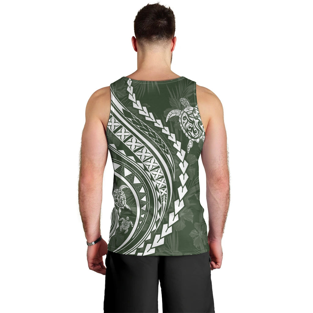 Polynesian Pride Men Tank Top Turtle Hibiscus Luxury Style - Sage LT7 - Polynesian Pride