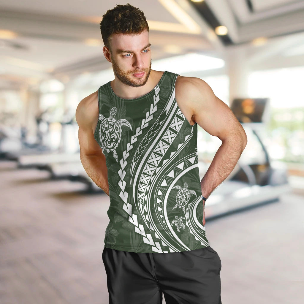 Polynesian Pride Men Tank Top Turtle Hibiscus Luxury Style - Sage LT7 - Polynesian Pride