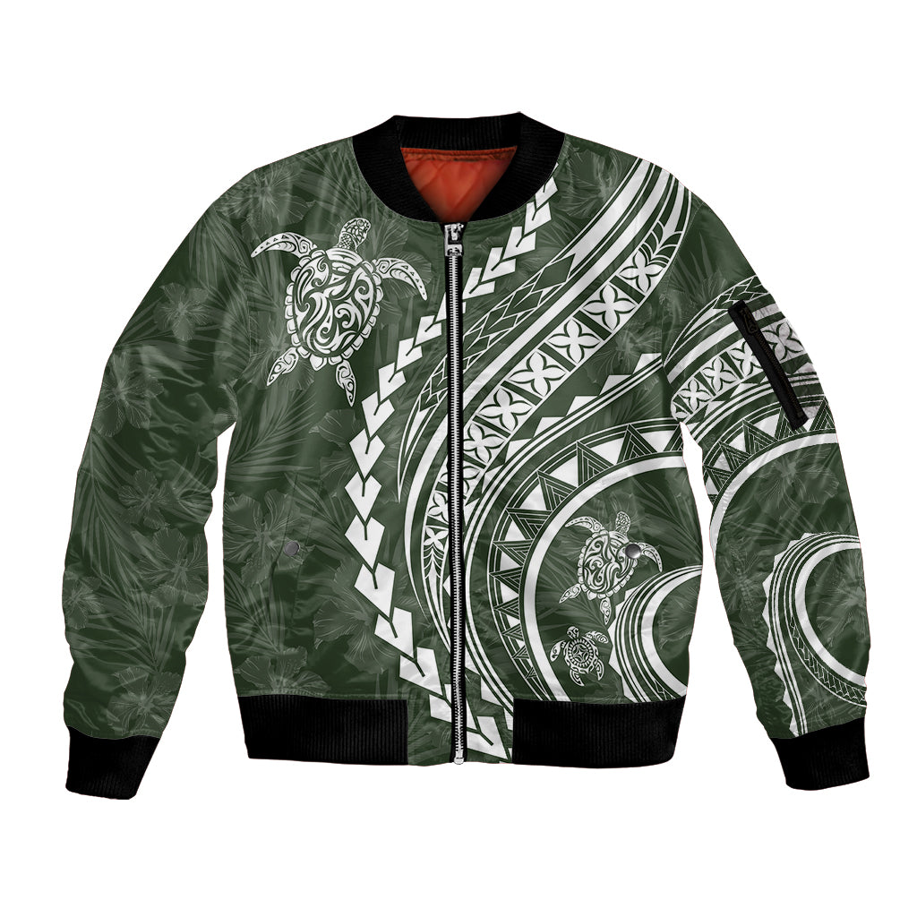 Polynesian Pride Sleeve Zip Bomber Jacket Turtle Hibiscus Luxury Style - Sage LT7 Unisex Sage - Polynesian Pride