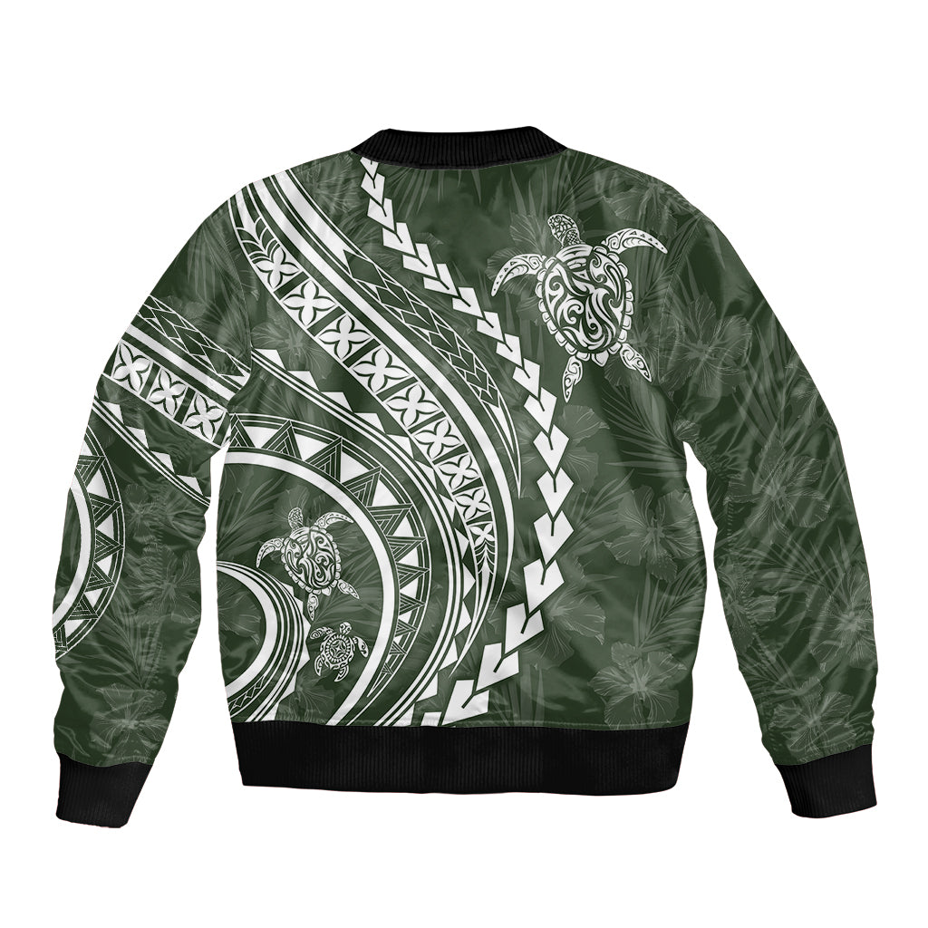 Polynesian Pride Sleeve Zip Bomber Jacket Turtle Hibiscus Luxury Style - Sage LT7 - Polynesian Pride