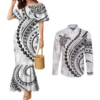 Polynesian Pride Couples Matching Mermaid Dress and Long Sleeve Button Shirts Turtle Hibiscus Luxury Style - White LT7 White - Polynesian Pride