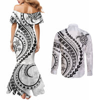 Polynesian Pride Couples Matching Mermaid Dress and Long Sleeve Button Shirts Turtle Hibiscus Luxury Style - White LT7 - Polynesian Pride