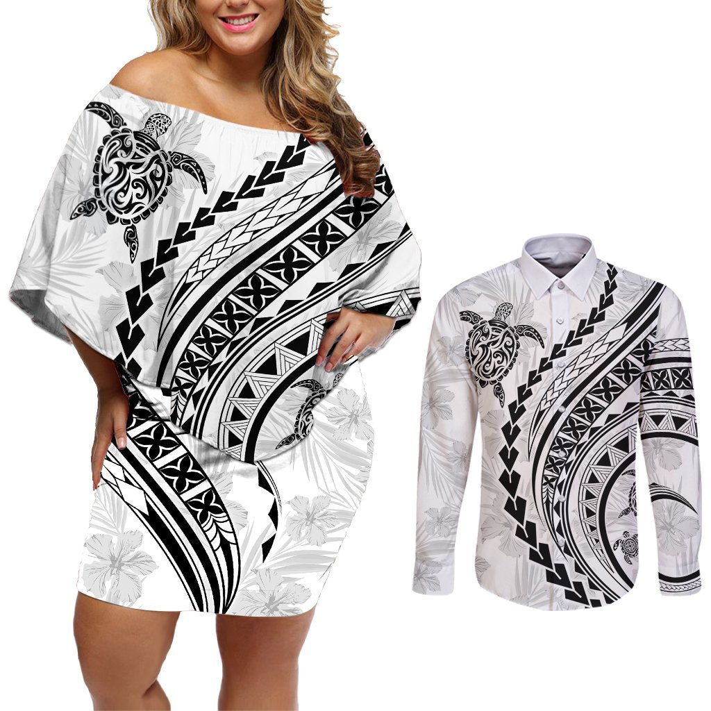 Polynesian Pride Couples Matching Off Shoulder Short Dress and Long Sleeve Button Shirts Turtle Hibiscus Luxury Style - White LT7 White - Polynesian Pride
