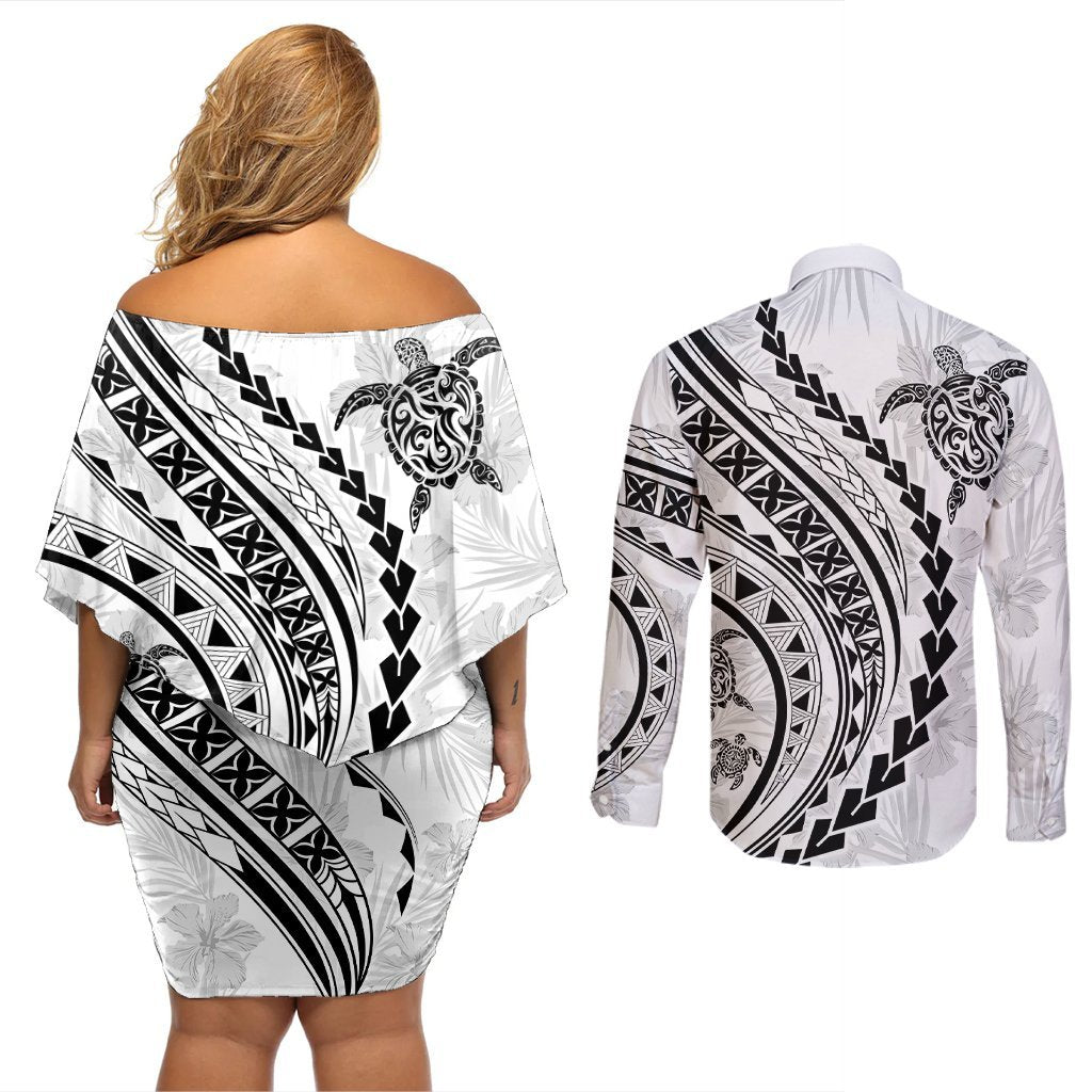 Polynesian Pride Couples Matching Off Shoulder Short Dress and Long Sleeve Button Shirts Turtle Hibiscus Luxury Style - White LT7 - Polynesian Pride