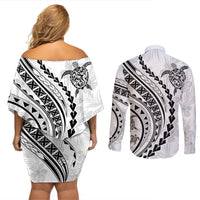 Polynesian Pride Couples Matching Off Shoulder Short Dress and Long Sleeve Button Shirts Turtle Hibiscus Luxury Style - White LT7 - Polynesian Pride