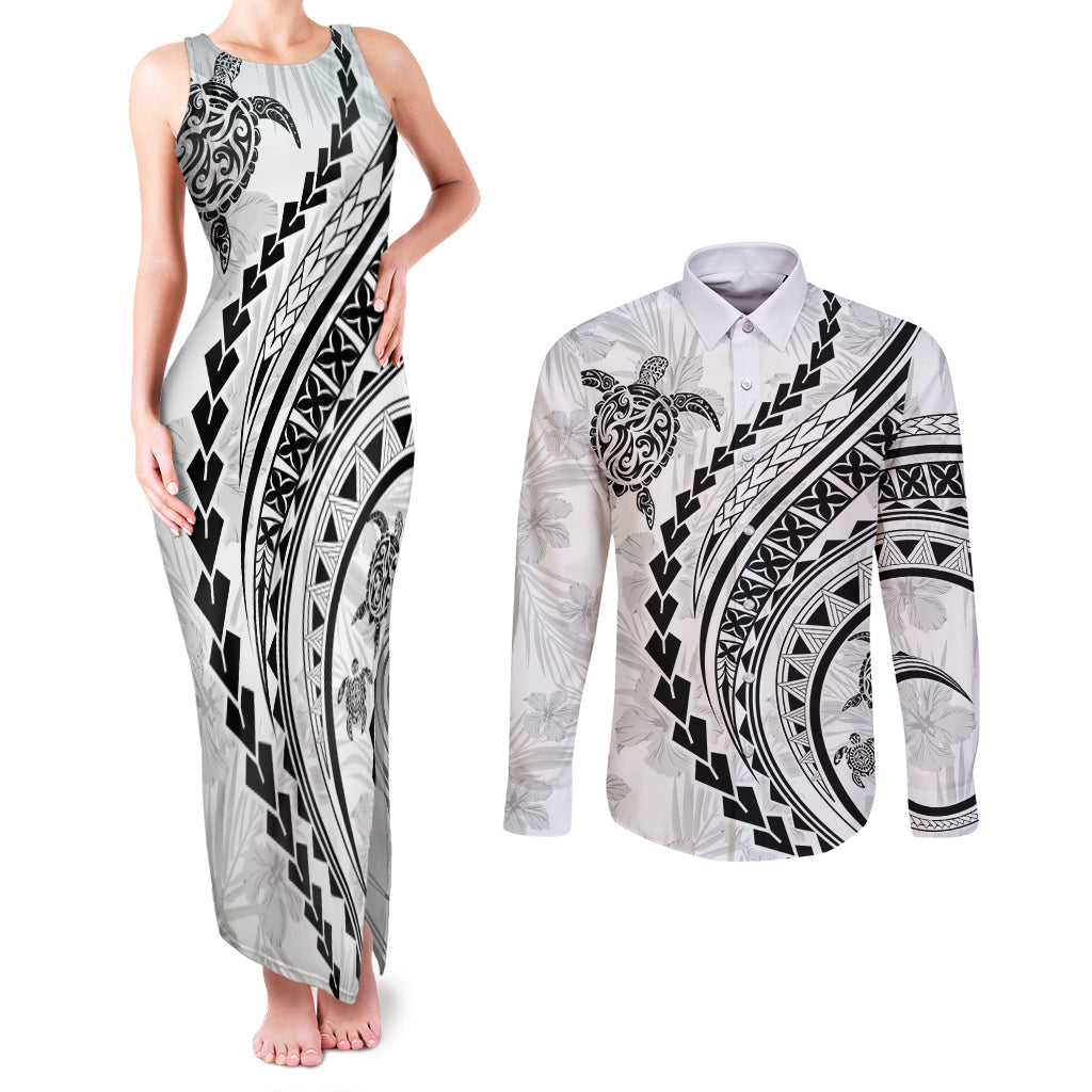 Polynesian Pride Couples Matching Tank Maxi Dress and Long Sleeve Button Shirts Turtle Hibiscus Luxury Style - White LT7 White - Polynesian Pride