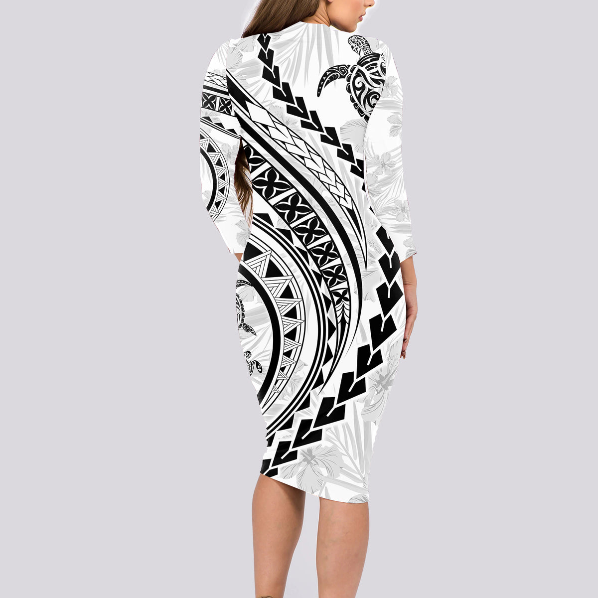 Polynesian Pride Long Sleeve Bodycon Dress Turtle Hibiscus Luxury Style - White LT7 - Polynesian Pride