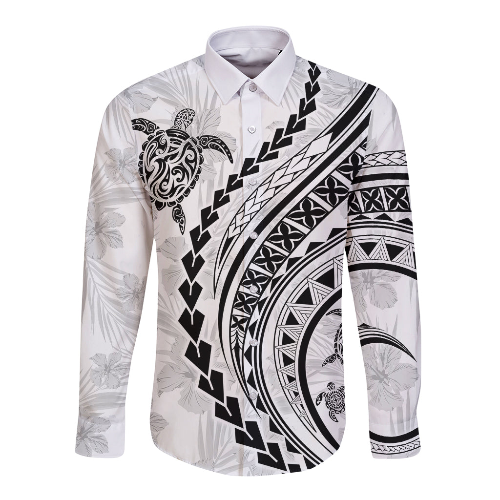 Polynesian Pride Long Sleeve Button Shirt Turtle Hibiscus Luxury Style - White LT7 Unisex White - Polynesian Pride