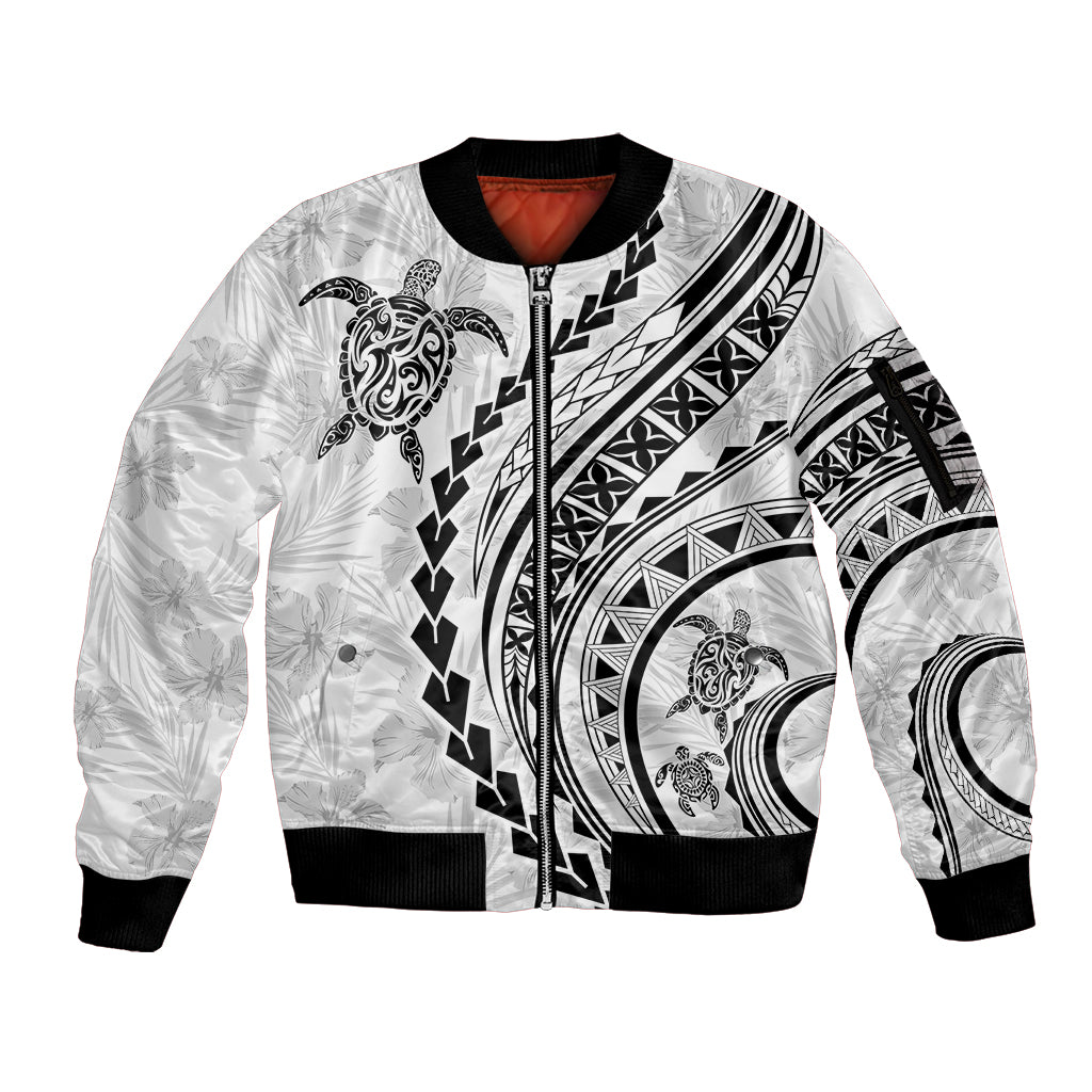 Polynesian Pride Sleeve Zip Bomber Jacket Turtle Hibiscus Luxury Style - White LT7 Unisex White - Polynesian Pride