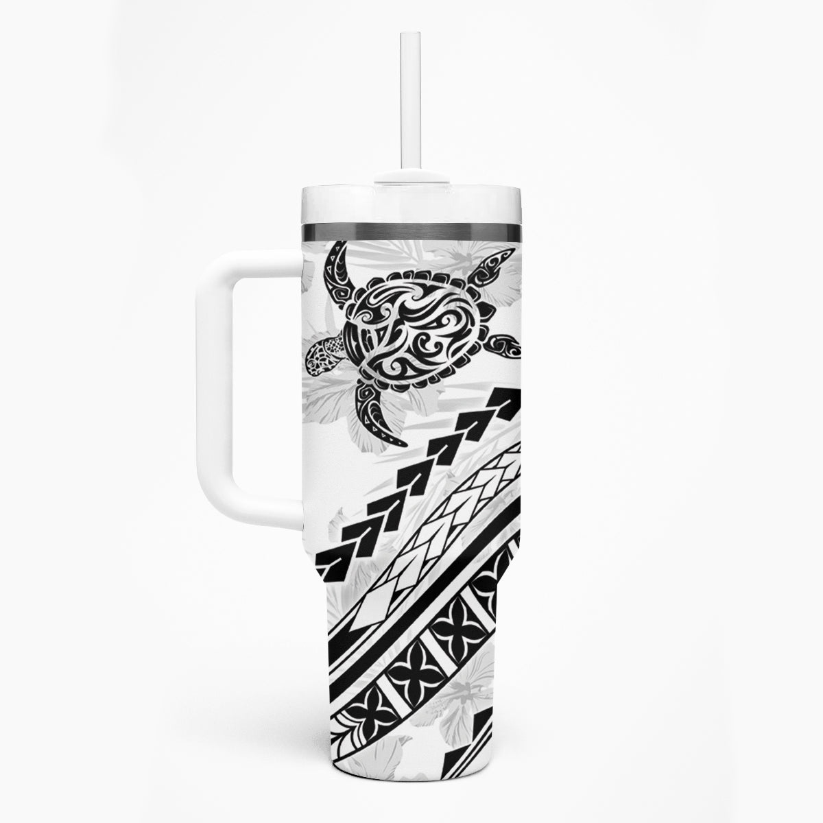 Polynesian Pride Tumbler With Handle Turtle Hibiscus Luxury Style - White