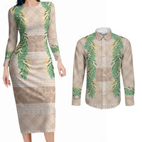 Hawai'i Paniolo Maile Twisted Lei Couples Matching Long Sleeve Bodycon Dress and Long Sleeve Button Shirt Almond Brown LT7 Brown - Polynesian Pride