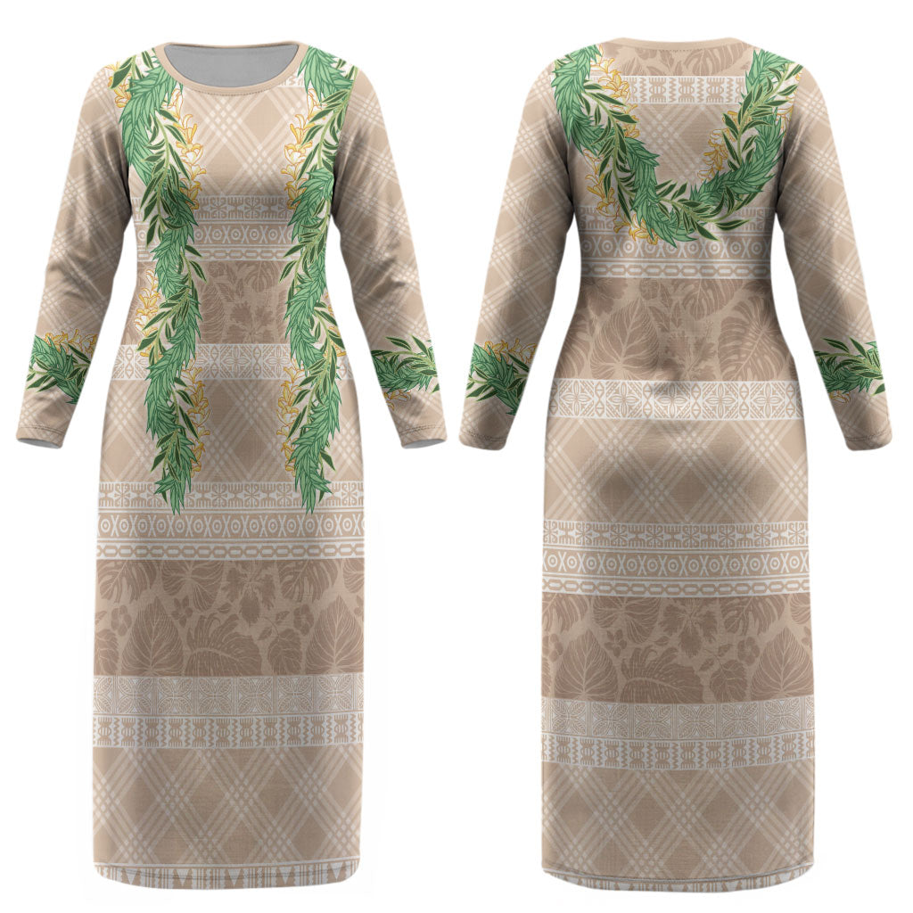 Hawai'i Paniolo Maile Twisted Lei Couples Matching Long Sleeve Bodycon Dress and Long Sleeve Button Shirt Almond Brown LT7 - Polynesian Pride