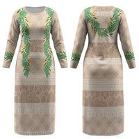 Hawai'i Paniolo Maile Twisted Lei Couples Matching Long Sleeve Bodycon Dress and Long Sleeve Button Shirt Almond Brown LT7 - Polynesian Pride