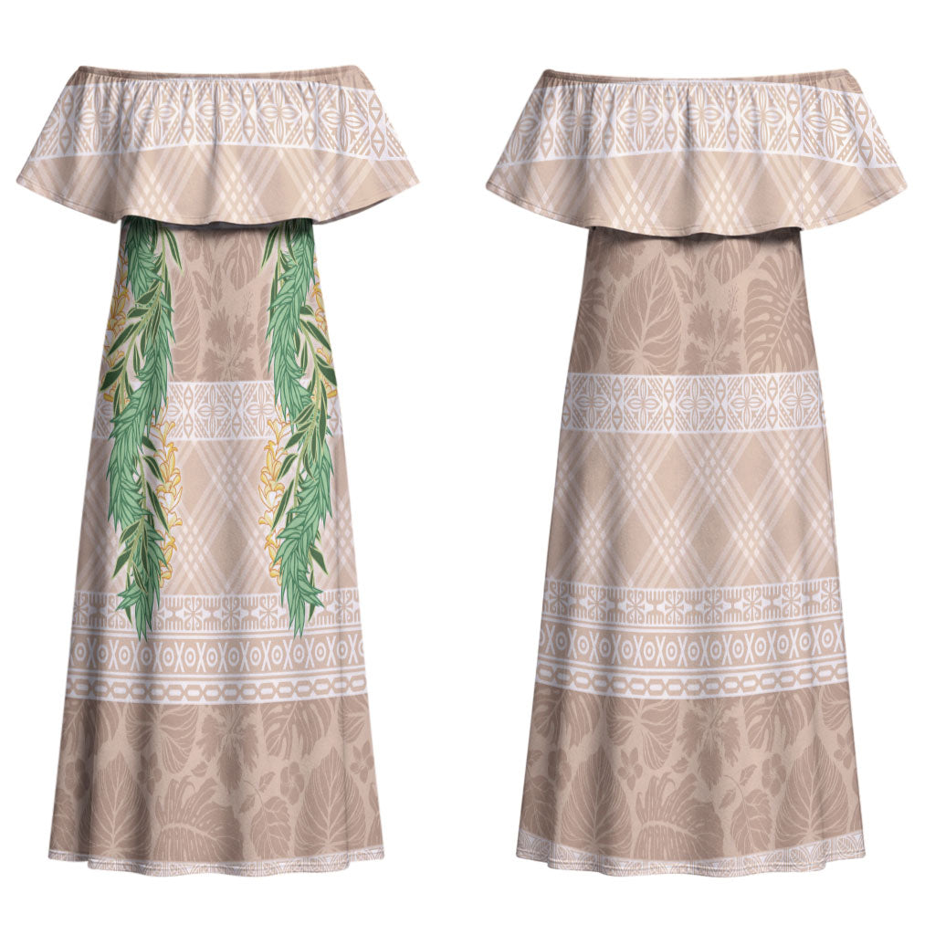 Hawai'i Paniolo Maile Twisted Lei Couples Matching Off Shoulder Maxi Dress and Hawaiian Shirt Almond Brown LT7 - Polynesian Pride